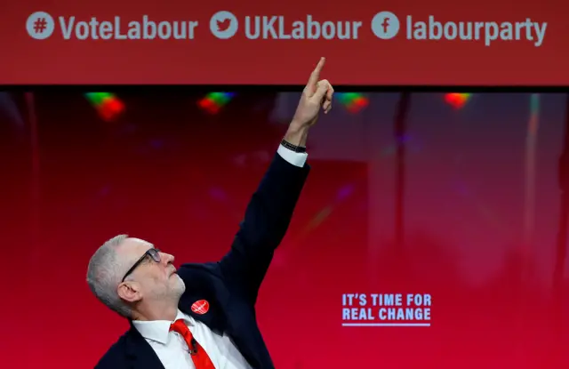 Leader of the Labour Party Jeremy Corbyn gestures at the launch of the party manifesto in Birmingham