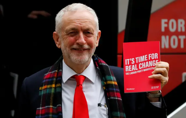 Leader of the Labour Party Jeremy Corbyn holds his party"s general election manifesto at its launch in Birmingham