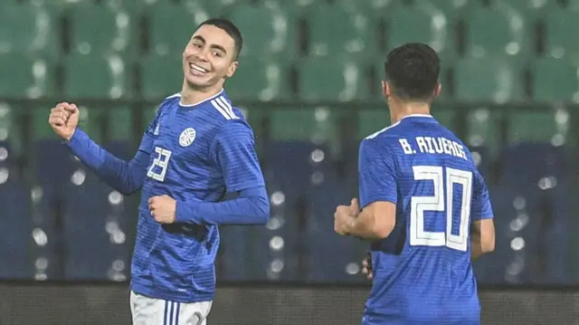 Miguel Almiron celebrates scoring for Paraguay