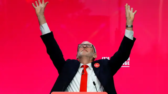 Leader of the Labour Party Jeremy Corbyn gestures at the launch of the party manifesto in Birmingham, Britain