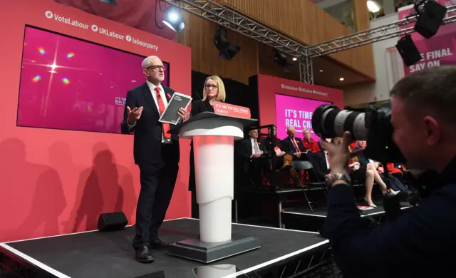 Labour Party leader Jeremy Corbyn, with Shadow Business Secretary Rebecca Long-Bailey, during the launch of his party"s manifesto in Birmingham