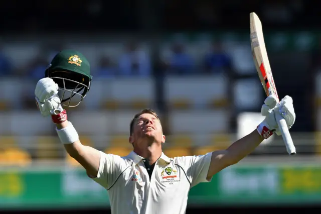 David Warner celebrates reaching his century