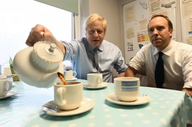 Boris Johnson with Matt Hancock at Bassetlaw District General Hospital in Worksop, Nottinghamshire