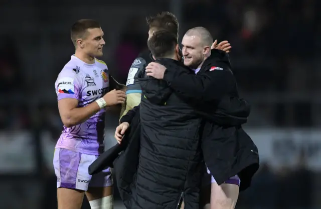 Stuart Hogg embraces his former Glasgow teammate George Horne at full-time