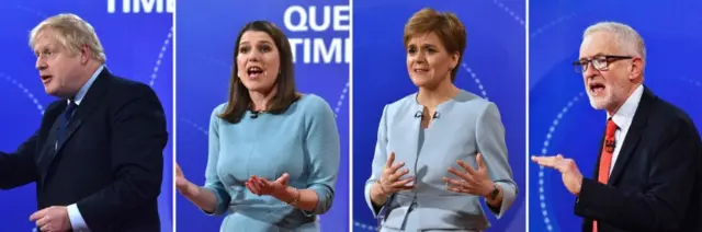 Prime Minister Boris Johnson, Liberal Democrat leader Jo Swinson, First Minister of Scotland Nicola Sturgeon and Labour leader Jeremy Corbyn, during their appearances on BBC Question Time Leaders' Special