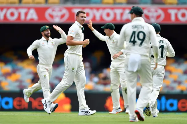 Josh Hazlewood (C) celebrates his wicket of Pakistan"s batsman Mohammad Rizwan on day four of the first Test cricket match between Pakistan and Australia at the Gabba