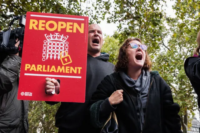 Anti-Brexit protestors react outside the Supreme Court as judges rule that prorogation of parliament by British Prime Minister Boris Johnson was unlawful on 24 September, 2019