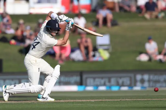 Joe Denly plays a shot during the first day of the first cricket test between England and New Zealand at Bay Oval in Mount Maunganui