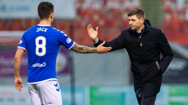 Rangers boss Steven Gerrard congratulates Ryan Jack, scorer of the opening goal at Hamilton