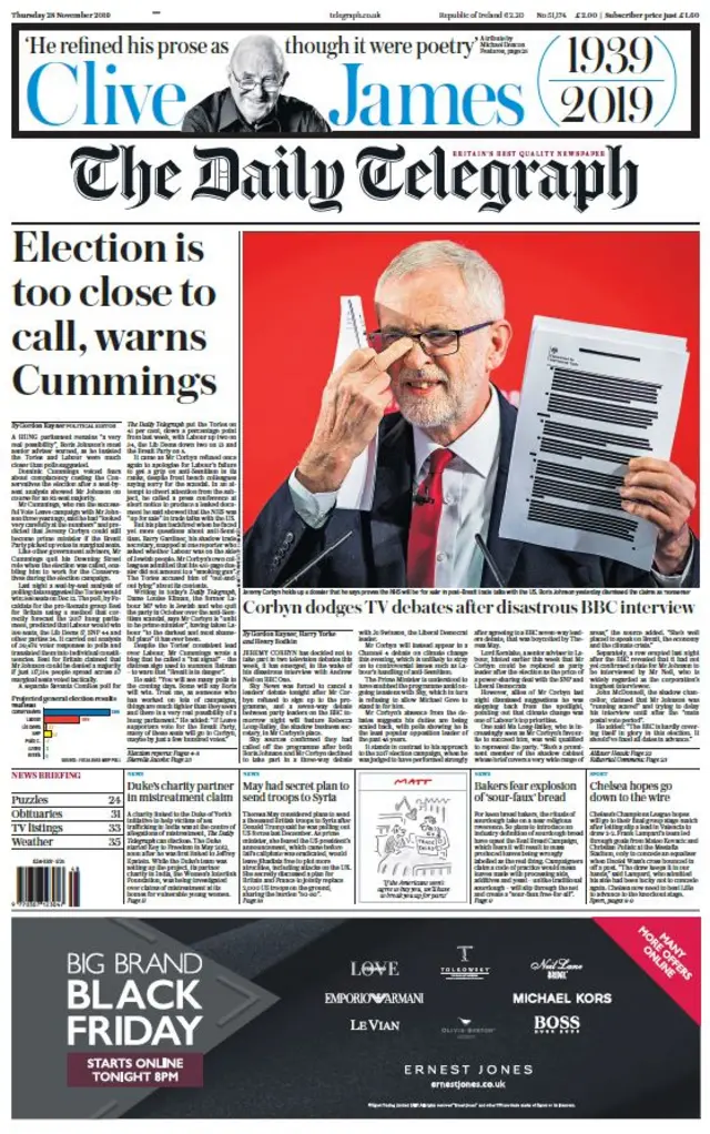 Front page of the Telegraph