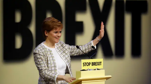 Scotland"s First Minister and National Party (SNP) leader Nicola Sturgeon gestures during the party"s manifesto launch in Glasgow, Britain