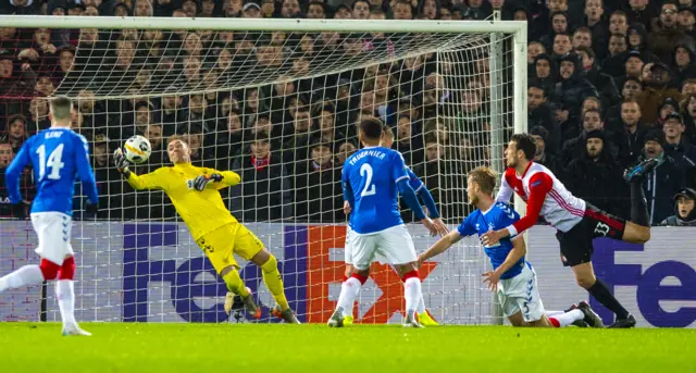 Rangers' Allan McGregor saves from Steven Berghuis