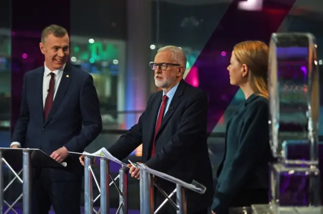 Plaid Cymru's Adam Price, Labour's Jeremy Corbyn, and Green Party's Sian Berry