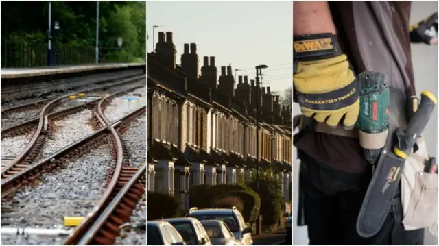 Stock compilation photo of railway tracks, houses, and a builder