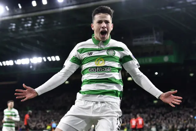 Celtic's Mikey Johnston celebrates