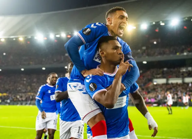 Rangers' James Tavernier and Alfedo Morelos celebrate