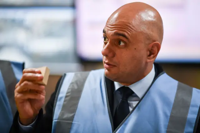 The Chancellor of the Exchequer, Sajid Javid and Scottish Conservative candidate Stephen Kerr campaign at Norbord Europe Ltd on November 25, 2019 in Stirling, Scotland