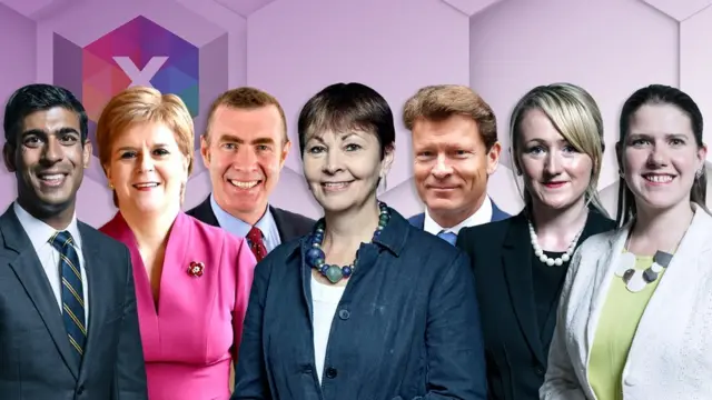 Seven politicians taking part in the debate: Rishi Sunak, Nicola Sturgeon, Adam Price,  Caroline Lucas, Richard Tice, Rebecca Long Bailey, Jo Swinson