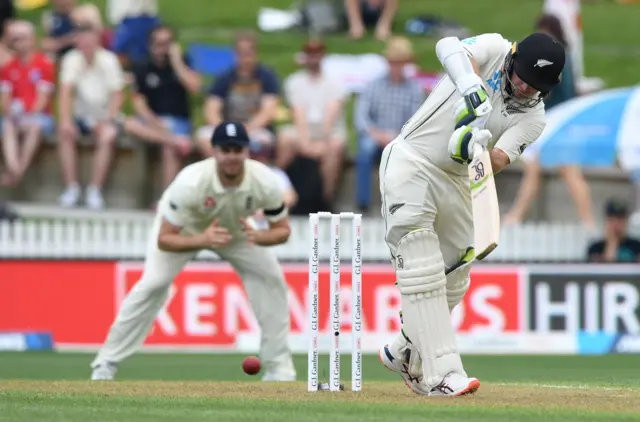 New Zealand's Tom Latham hits a boundary