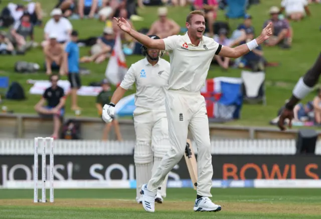England's Stuart Broad appeals for the wicket of New Zealand's Ross Taylor