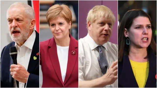 Left to right: Jeremy Corbyn, Nicola Sturgeon, Boris Johnson, Jo Swinson