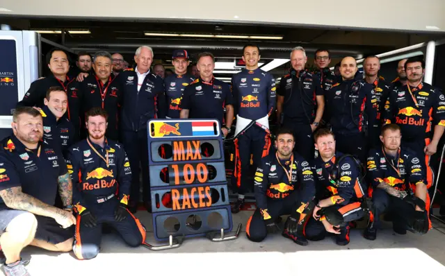 The Red Bull team gathered to mark Max Verstappen's 100th F1 race.