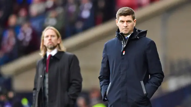 Hearts caretaker Austin MacPhee and Rangers manager Steven Gerrard