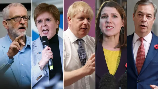 Jeremy Corbyn, Nicola Sturgeon, Boris Johnson, Jo Swinson and Nigel Farage