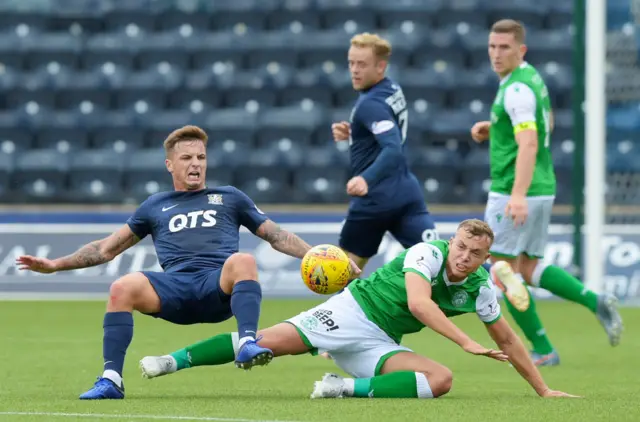 Eamonn Brophy of Kilmarnock is tackled by Hibernian's Ryan Porteous