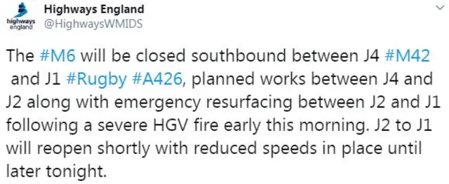 A Highways England tweet giving details of motorway lane closures