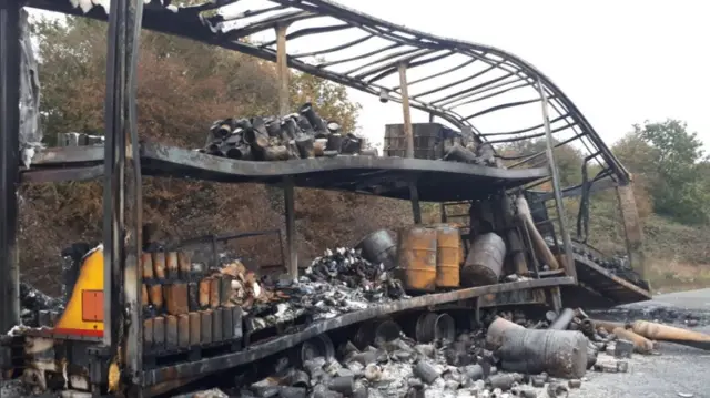 The remains of the lorry following the fire