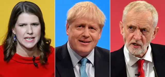 Jo Swinson, Boris Johnson and Jeremy Corbyn