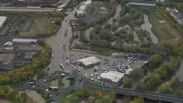 A flooded roundabout