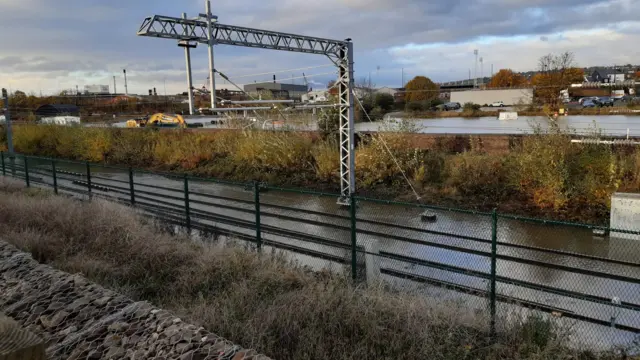 A flooded rail line