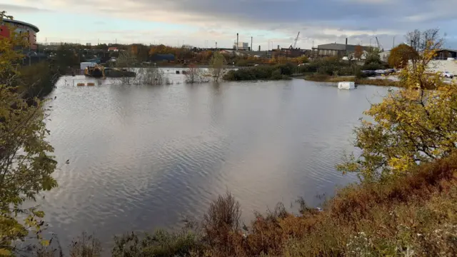 A flooded area of land