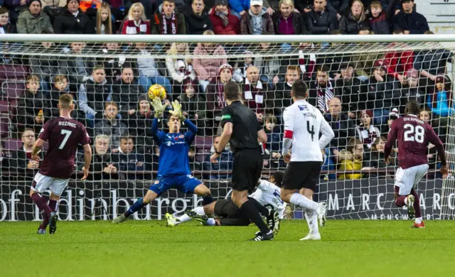 Jonathan Obika scores at Tynecastle