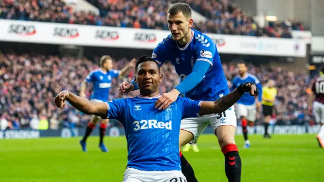 Alfredo Morelos celebrates opening the scoring at Ibrox