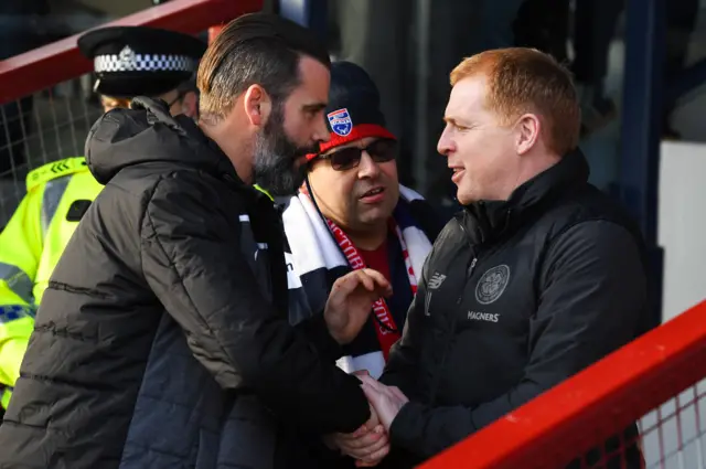 County co-manager Stuart Kettlewell and Celtic's Neil Lennon