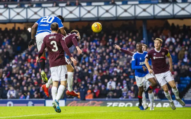 Alfredo Morelos heads in the opening goal for Rangers