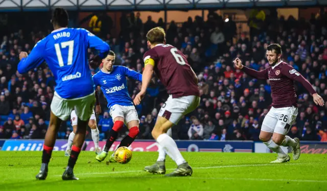 Ryan Kent slots in the second goal from just outside the six yard box