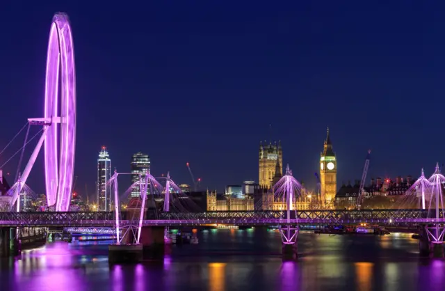 view from Waterloo Bridge looking toward"s The London Eye