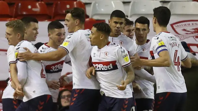 Middlesbrough players celebrate their equaliser against Nottingham Forest