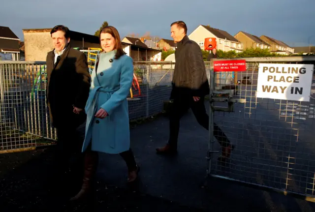 Jo Swinson and her husband Duncan Hames outside a polling station.