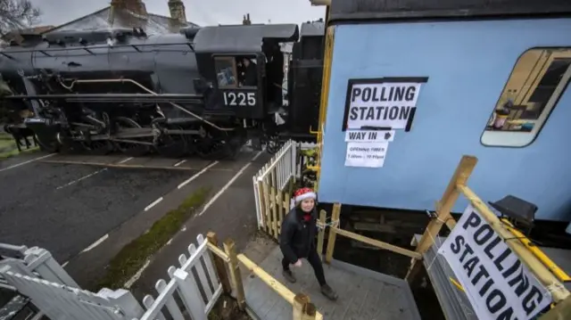 Polling place in a carriage at Leeming Bar, North Yorkshire