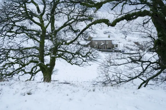 Snow lies in Carrshield, southwest Hexham, this morning