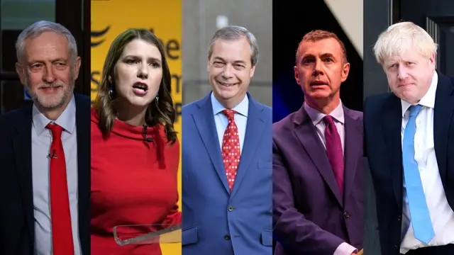 Jeremy Corbyn, Jo Swinson, Nigel Farage, Adam Price and Boris Johnson