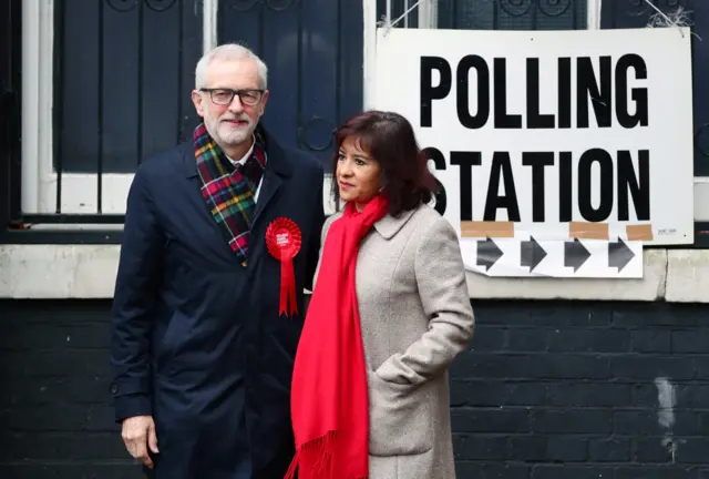 Jeremy Corbyn arrives to vote with his wife Laura Alvarez.