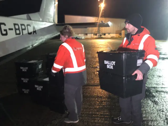 Shetland ballot boxes are put on to a plane