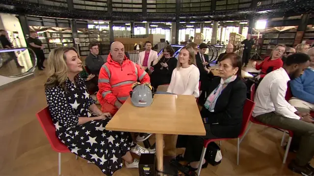 Victoria Derbyshire talks to voters Henry (left), Claudia (centre) and Nea (right) in Birmingham