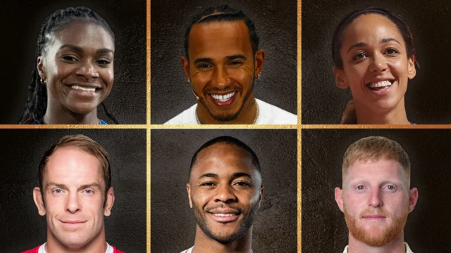 From left to right, Dina Asher-Smith, Lewis Hamilton, Katarina Johnson-Thompson, Alun Wyn Jones, Raheem Sterling and Ben Stokes